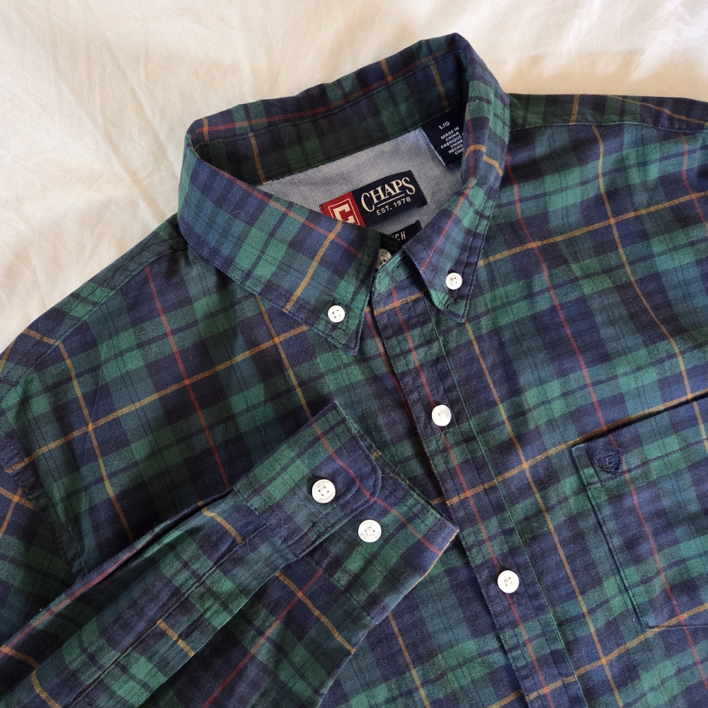 Chaps Men's Button Up Long Sleeve Green Plaid Shirt Size L